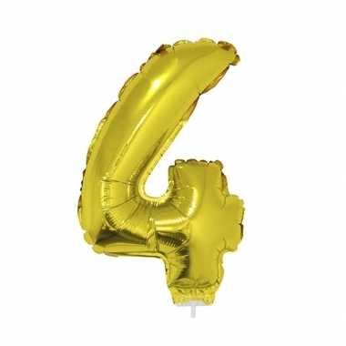 Gouden opblaascijfer 4 op stokje 41 cm